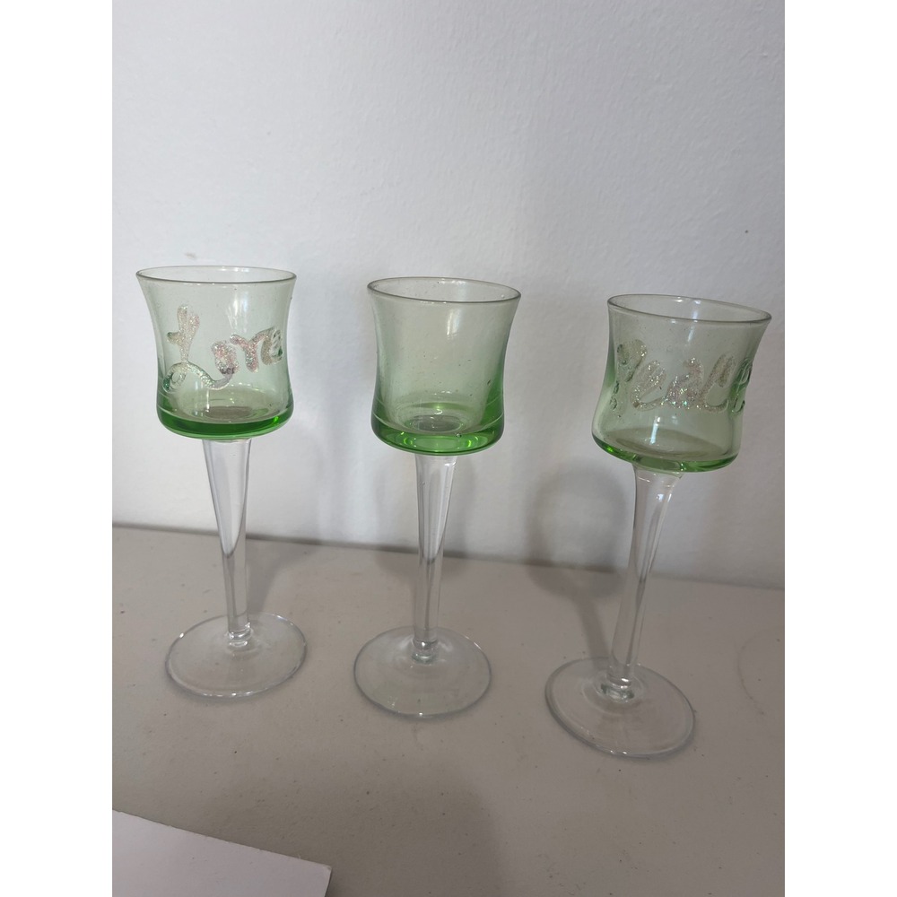 Vintage Green Glass Long Stem Candle Holders Set of 3 Love Peace Glitter 5.5"